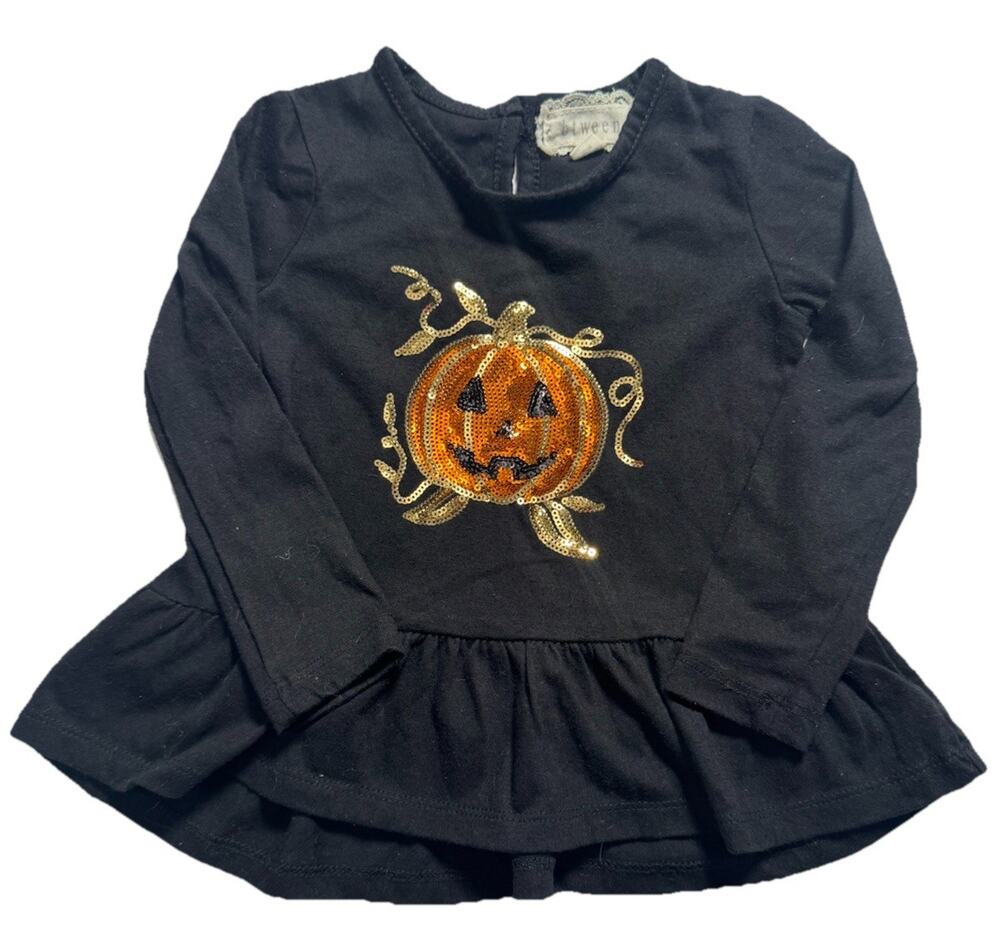 Btween Girls 24M Black Halloween Pumpkin Sequin Peplum Top Long Sleeve